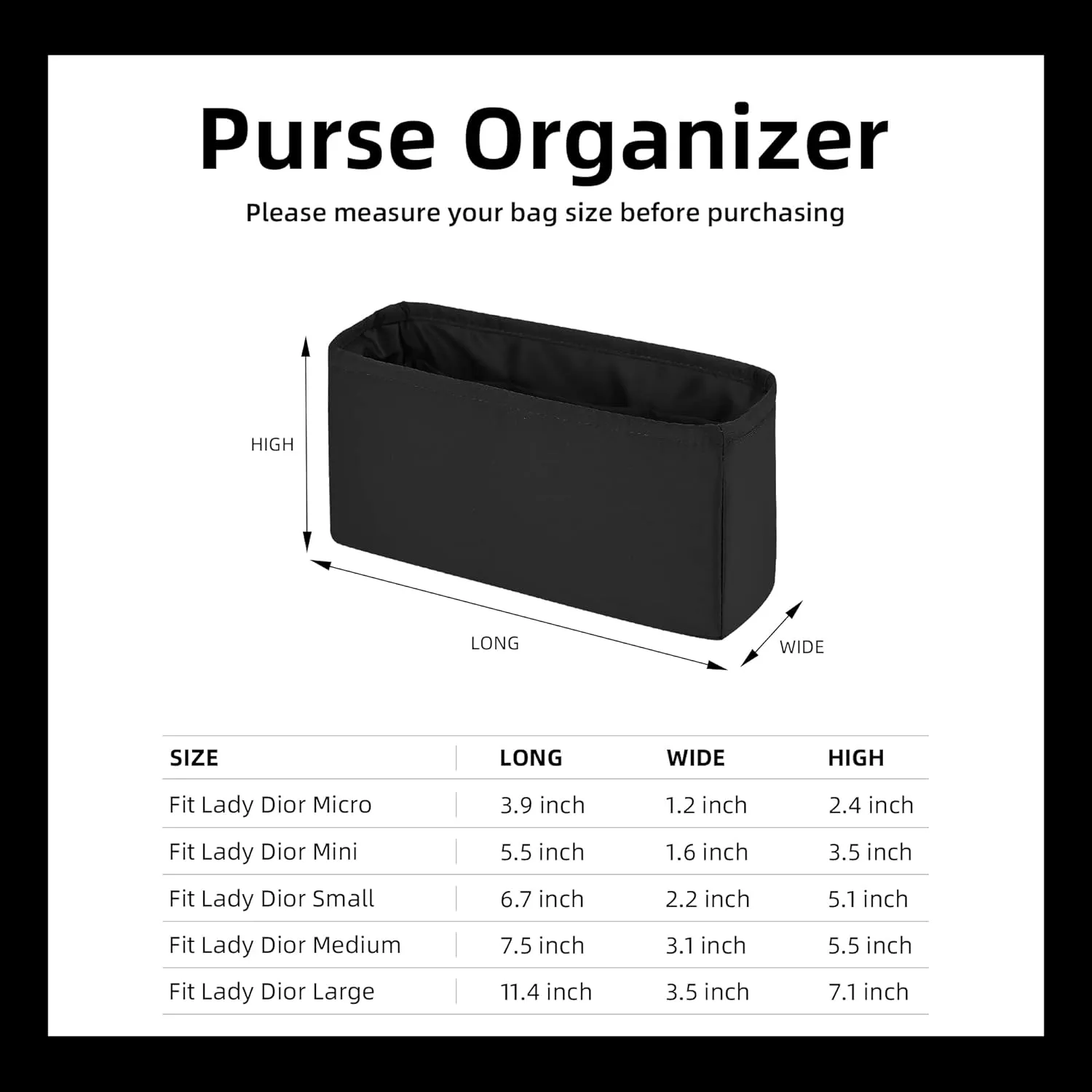 DGAZ Silk Purse Organizer Insert For Lady-Dior Micro/Mini/S/M/L bags，Silky Smooth Bag Organizer，Luxury Handbag & Tote Shaper（Black，M）