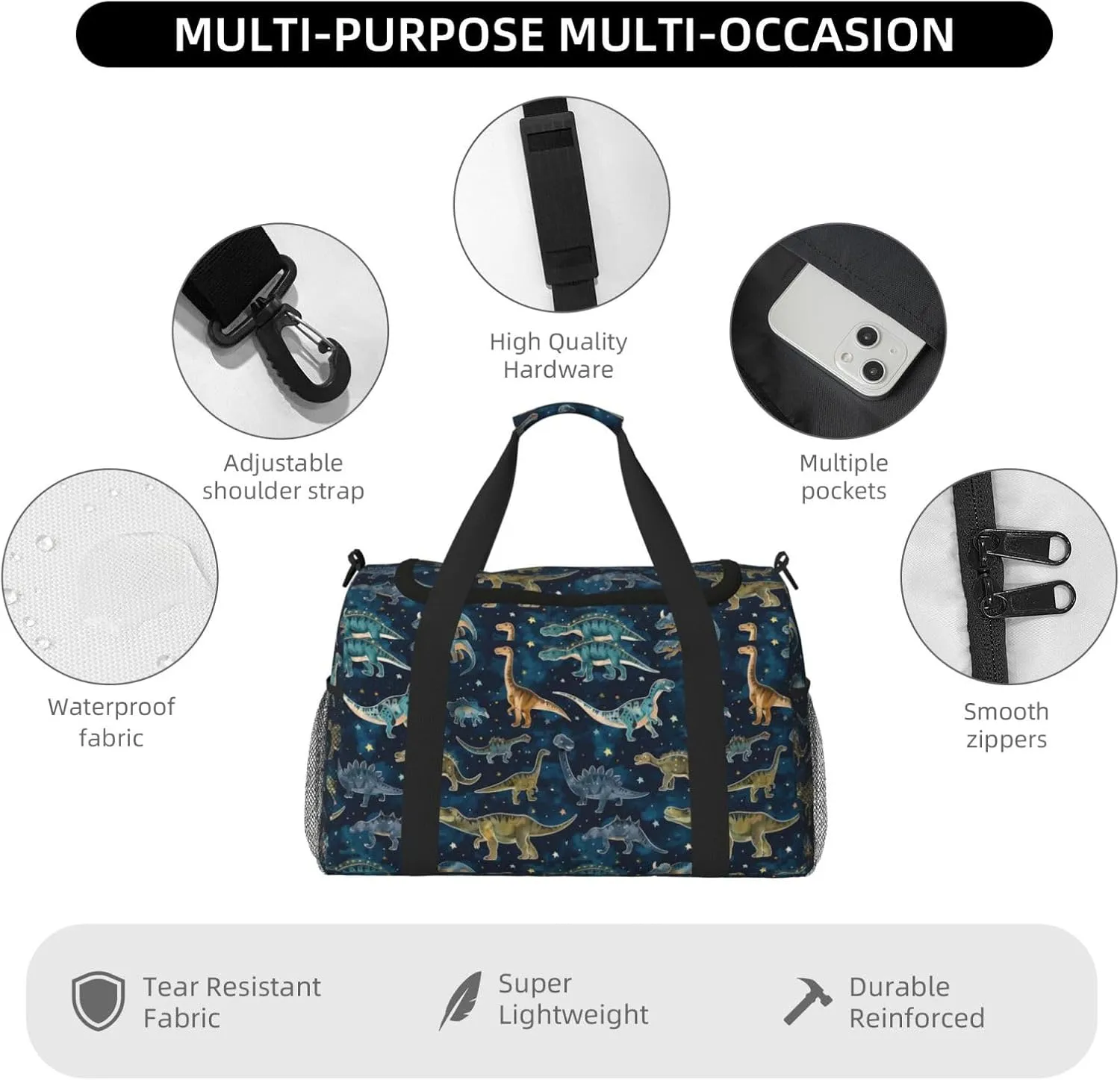 Dinosaurs Blue Cute Travel Weekender Overnight Bags Foldable Hand Travel Bag Sport Gym Duffel Bag For Men Women