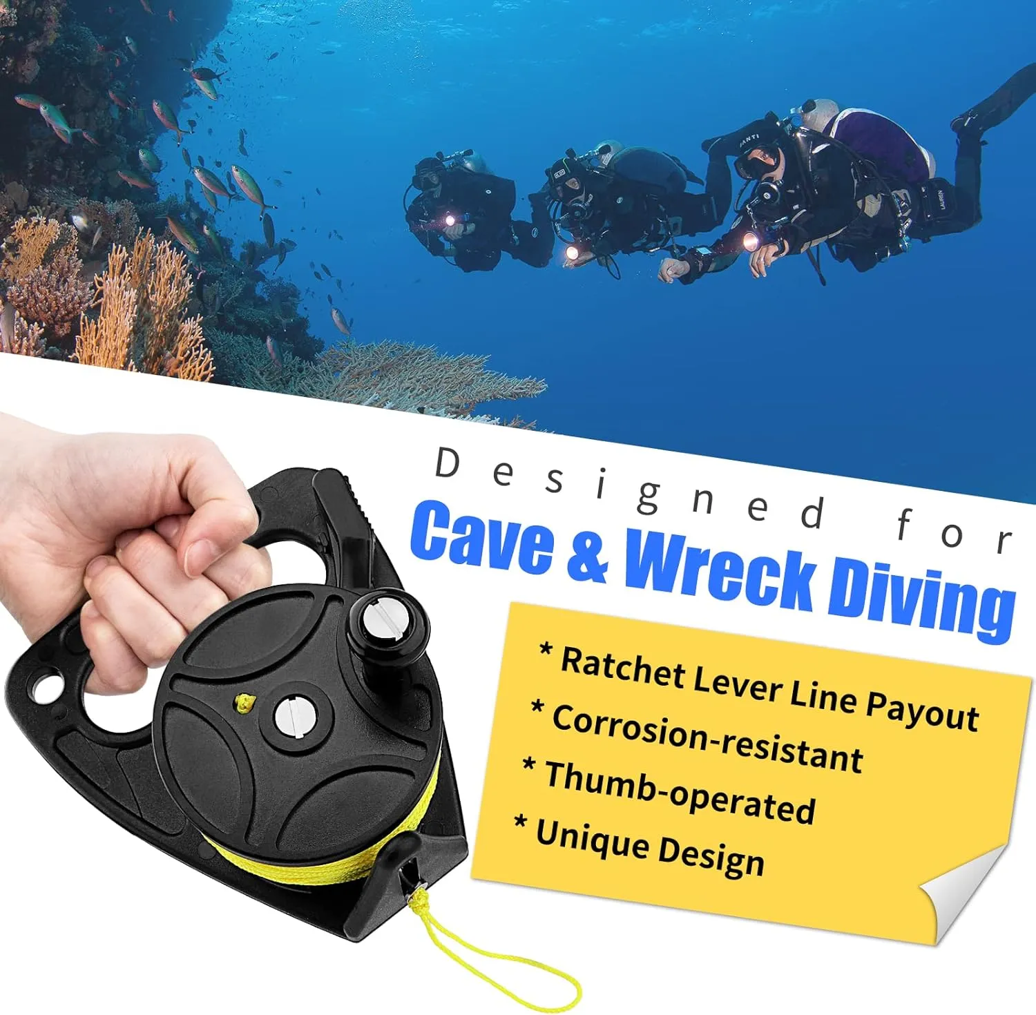 Diving Reel with Thumb Stopper, Heavy Duty 46m/150ft White Line SMB Scuba Ratchet Dive Reel with Handle Stop Switch for for Cave, Wreck,Drift Diving,Kayak Anchorand More Underwater Activities
