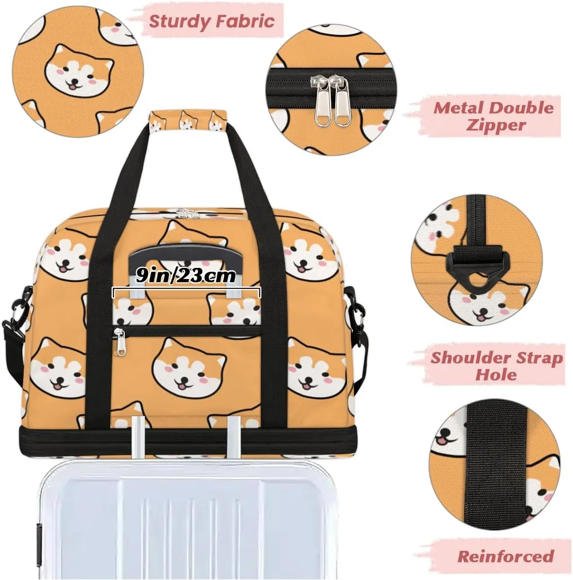 Dog Head Print Sports Gym Bag with Shoes Compartment Foldable Travel Duffel Bag Dry Wet Separated Sports Tote Workout Weekender Overnight Bag for Women Yoga Dance Work Training Handbag