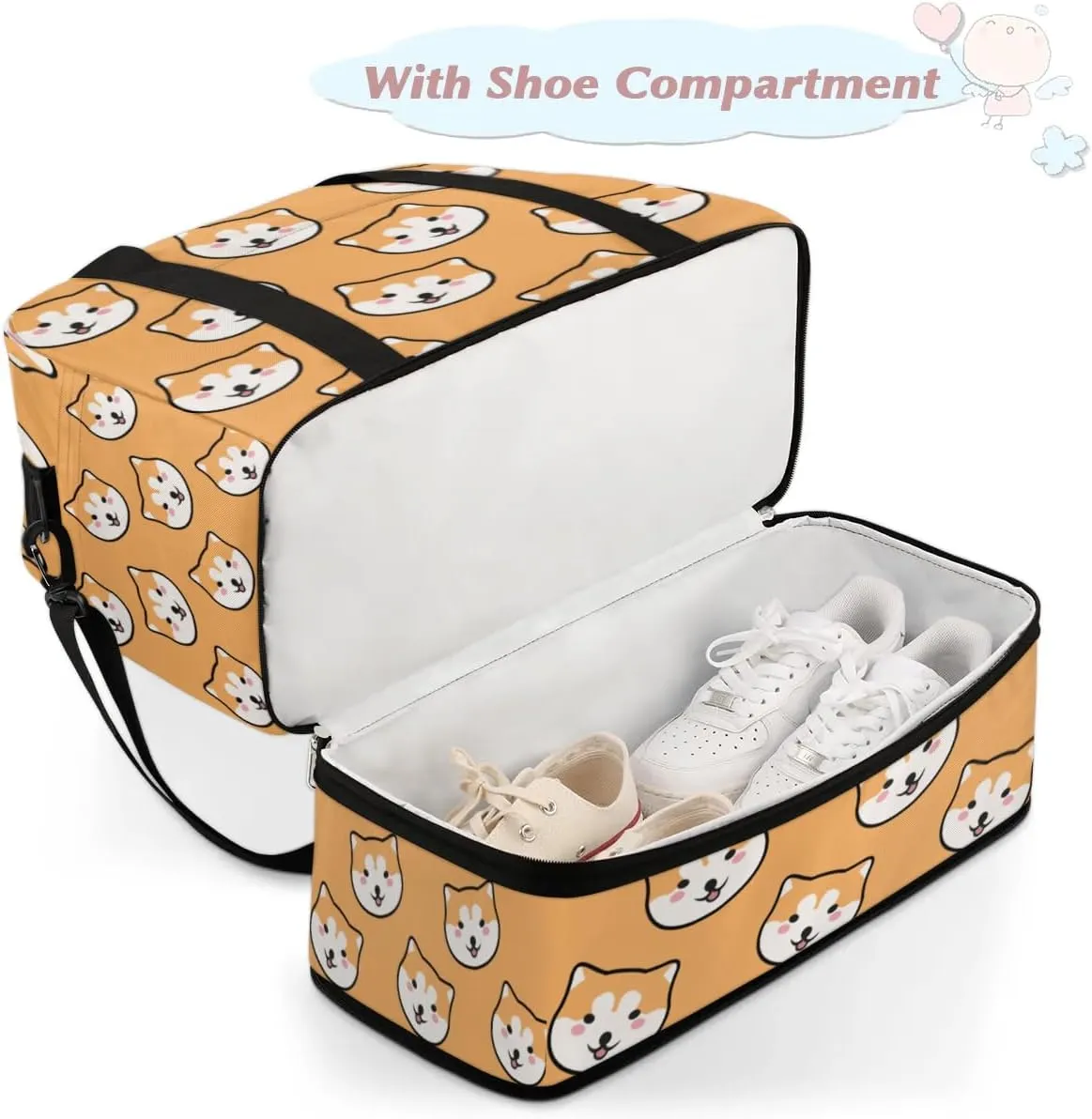 Dog Head Print Sports Gym Bag with Shoes Compartment Foldable Travel Duffel Bag Dry Wet Separated Sports Tote Workout Weekender Overnight Bag for Women Yoga Dance Work Training Handbag