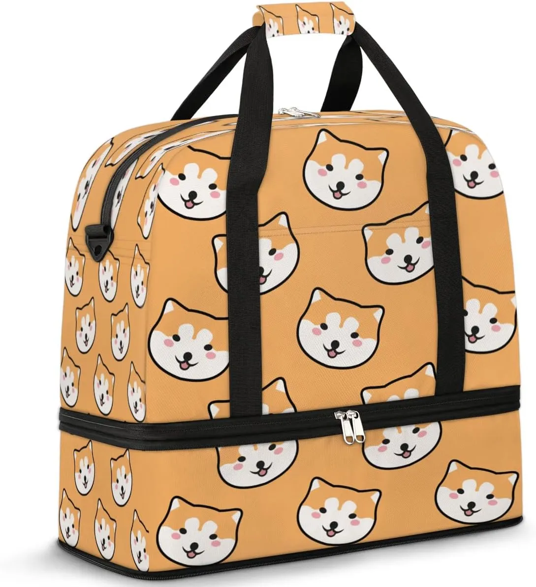 Dog Head Print Sports Gym Bag with Shoes Compartment Foldable Travel Duffel Bag Dry Wet Separated Sports Tote Workout Weekender Overnight Bag for Women Yoga Dance Work Training Handbag