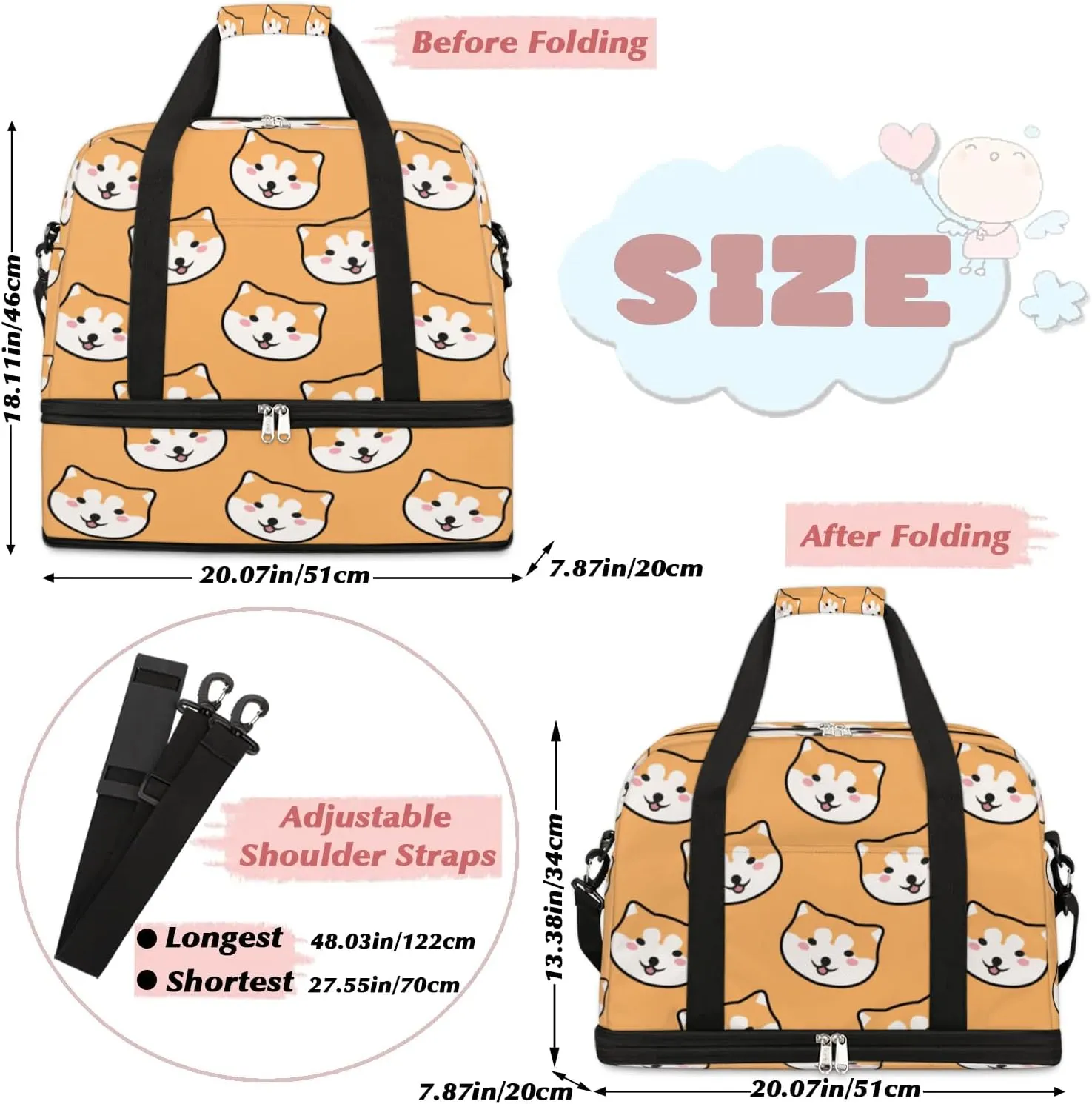 Dog Head Print Sports Gym Bag with Shoes Compartment Foldable Travel Duffel Bag Dry Wet Separated Sports Tote Workout Weekender Overnight Bag for Women Yoga Dance Work Training Handbag