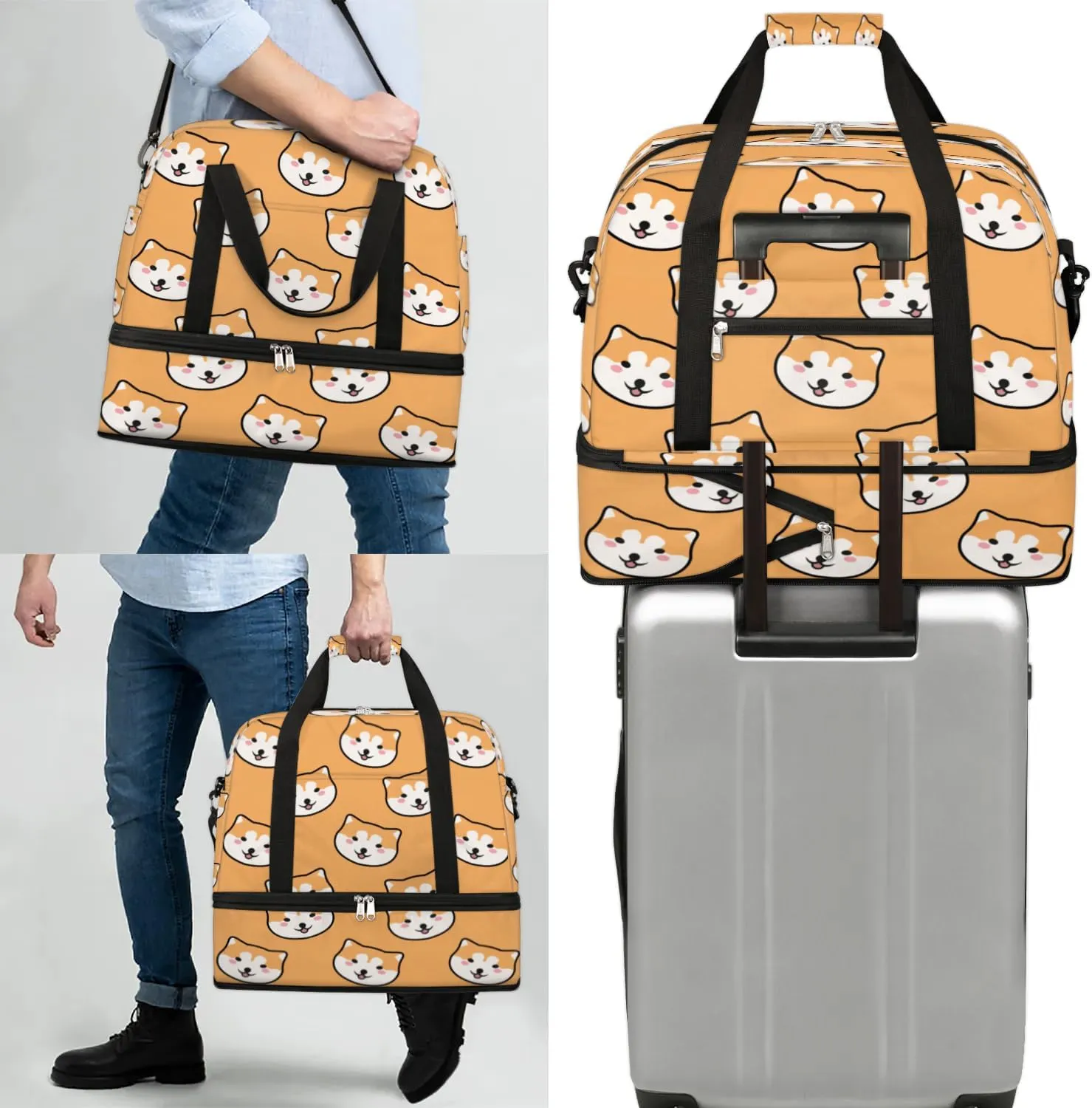 Dog Head Print Sports Gym Bag with Shoes Compartment Foldable Travel Duffel Bag Dry Wet Separated Sports Tote Workout Weekender Overnight Bag for Women Yoga Dance Work Training Handbag