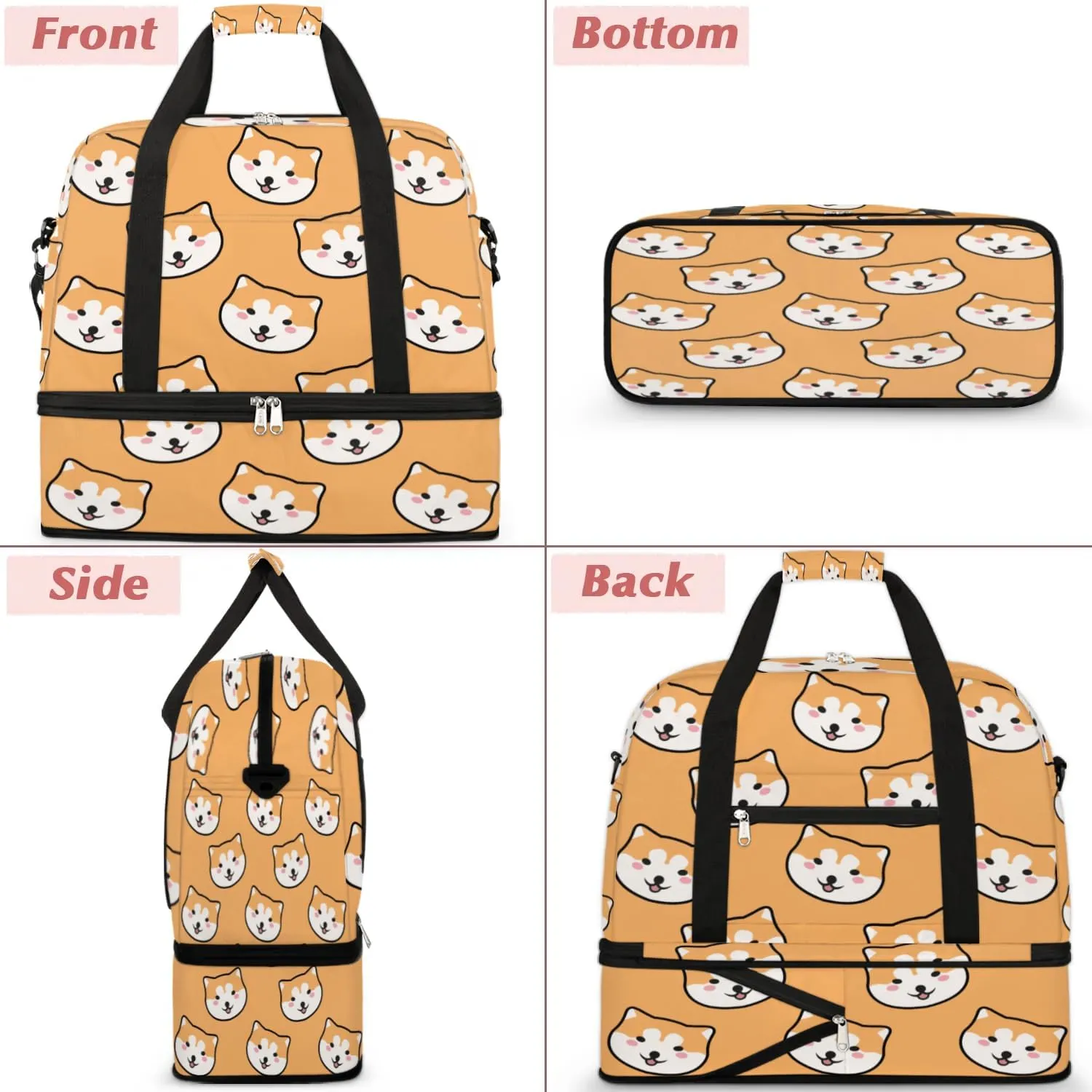 Dog Head Print Sports Gym Bag with Shoes Compartment Foldable Travel Duffel Bag Dry Wet Separated Sports Tote Workout Weekender Overnight Bag for Women Yoga Dance Work Training Handbag