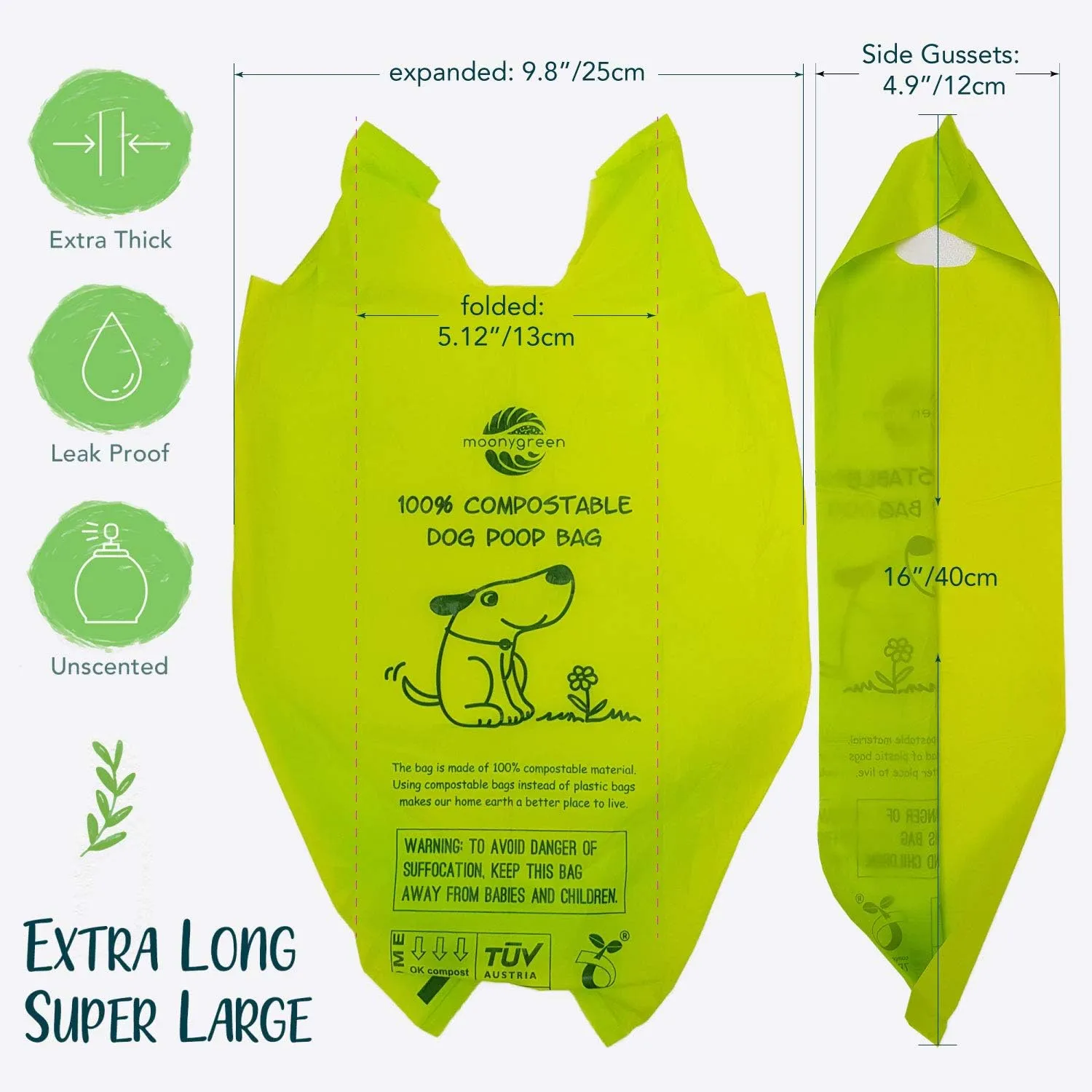 Dog Poop Bag, Compostable Doggie Poop Bags with Handles, Easy-Tie Pet Waste Bags, Eco-Friendly, Unscented, Vegetable-Based, Extra Thick Leak Proof, for Dogs and Cat Scoops, 120 Bags