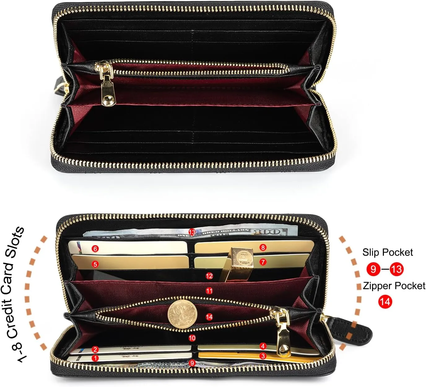 DORIS&JACKY Women Leather Wallet Rfid Blocking Large Capacity Zipper Around Travel Wristlet Bags