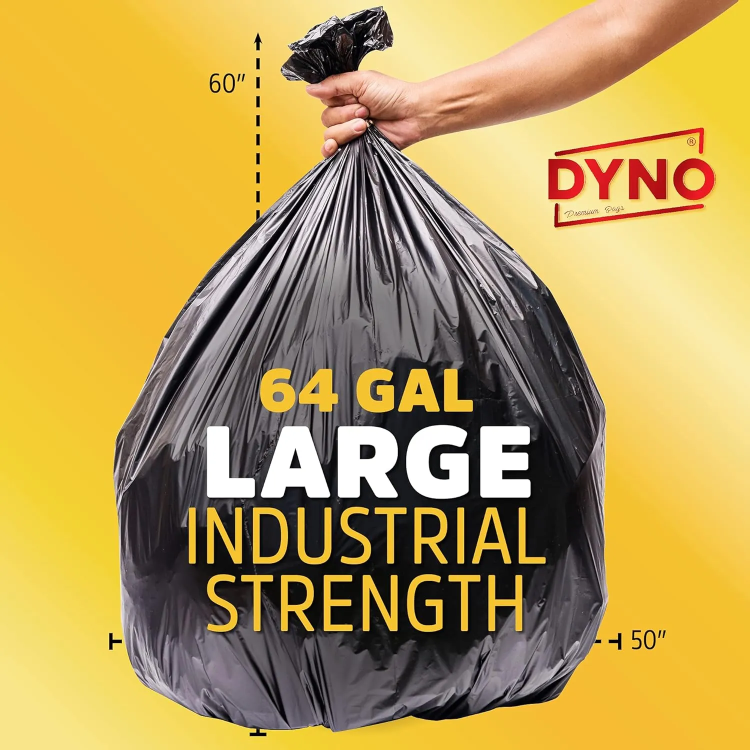 Dyno Products Online 64 Gallon Heavy Duty Trash Bags, 50 Count, 1.5 Mil Black - Individually Folded, Industrial Strength, Made in USA