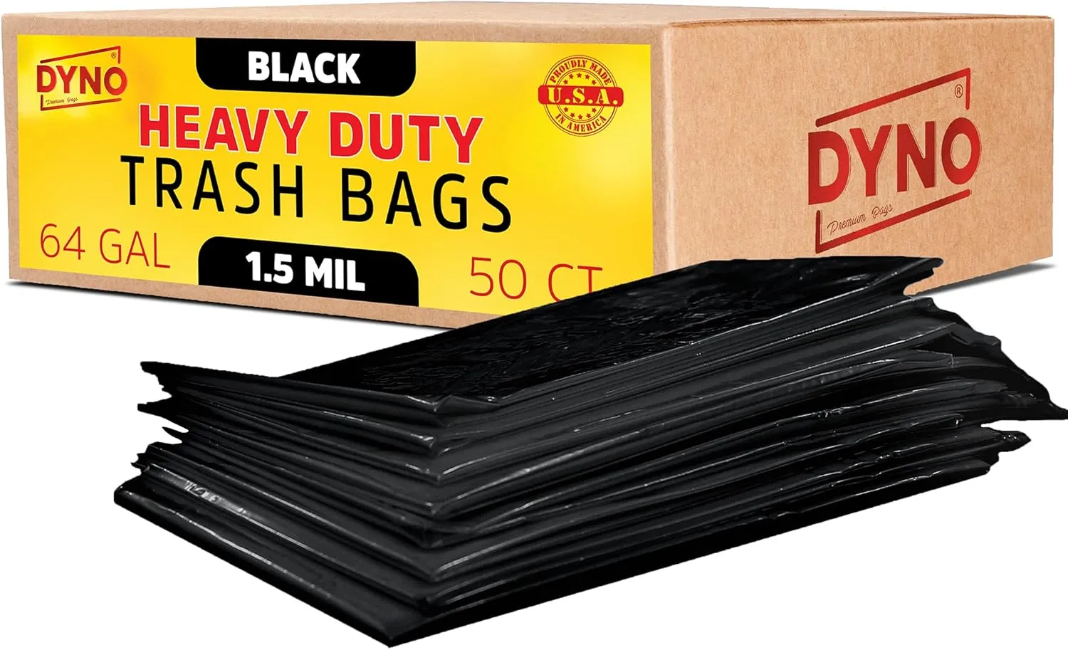 Dyno Products Online 64 Gallon Heavy Duty Trash Bags, 50 Count, 1.5 Mil Black - Individually Folded, Industrial Strength, Made in USA