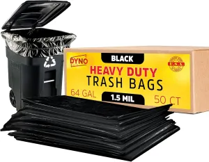 Dyno Products Online 64 Gallon Heavy Duty Trash Bags, 50 Count, 1.5 Mil Black - Individually Folded, Industrial Strength, Made in USA