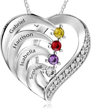 Easycosy Customized Name Necklace with Simulated Birthstones Custom Promise Necklace Heart Pendant with Engraved Names - Anniversary Birthday Mothers Day Jewelry Gifts for Women Wife Mom Grandma