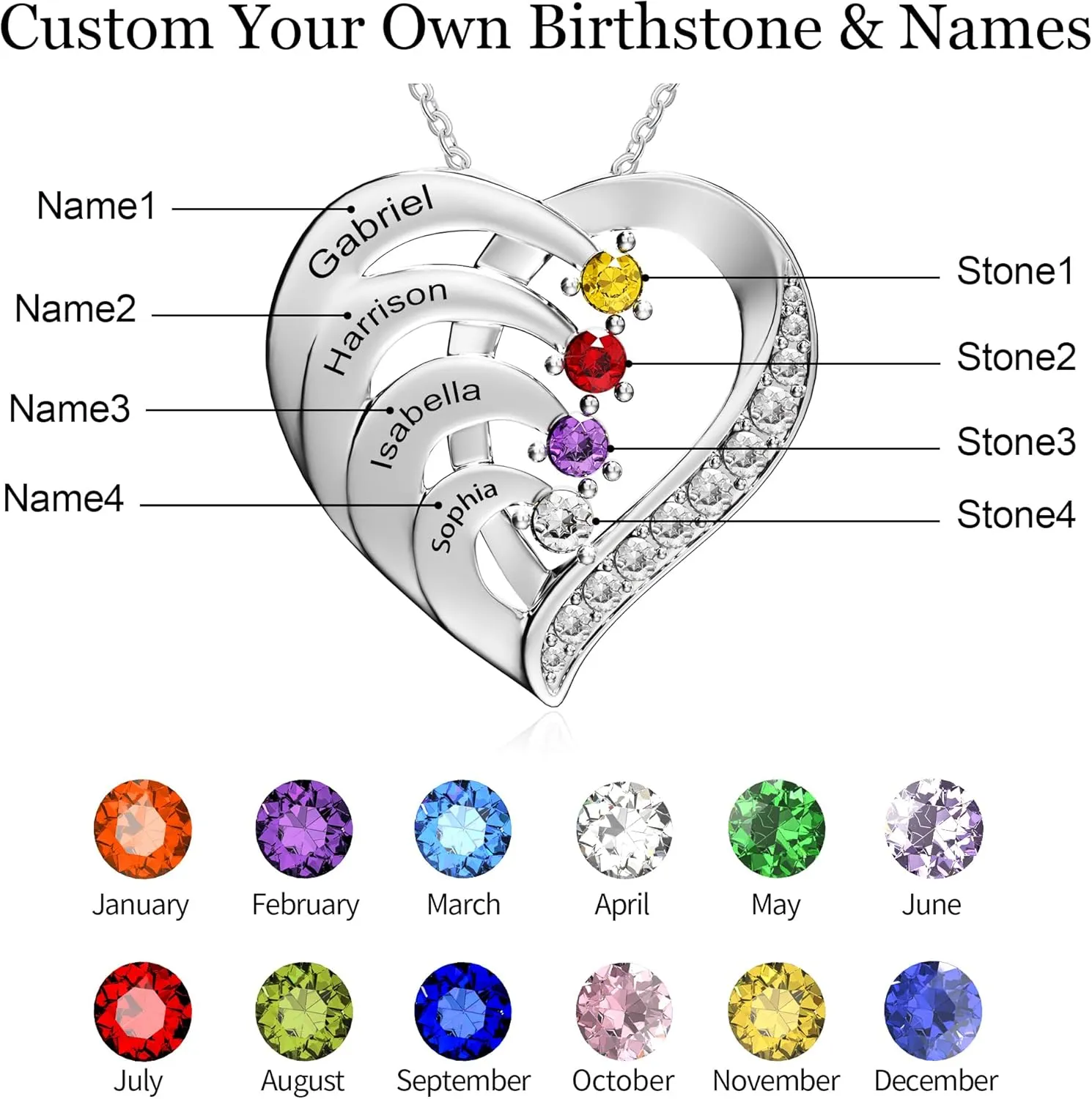 Easycosy Customized Name Necklace with Simulated Birthstones Custom Promise Necklace Heart Pendant with Engraved Names - Anniversary Birthday Mothers Day Jewelry Gifts for Women Wife Mom Grandma