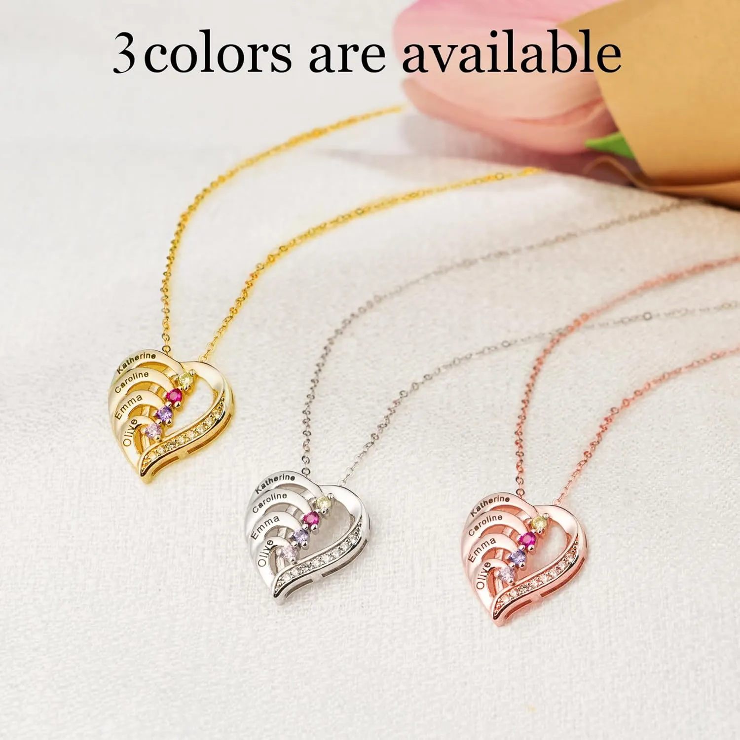 Easycosy Customized Name Necklace with Simulated Birthstones Custom Promise Necklace Heart Pendant with Engraved Names - Anniversary Birthday Mothers Day Jewelry Gifts for Women Wife Mom Grandma