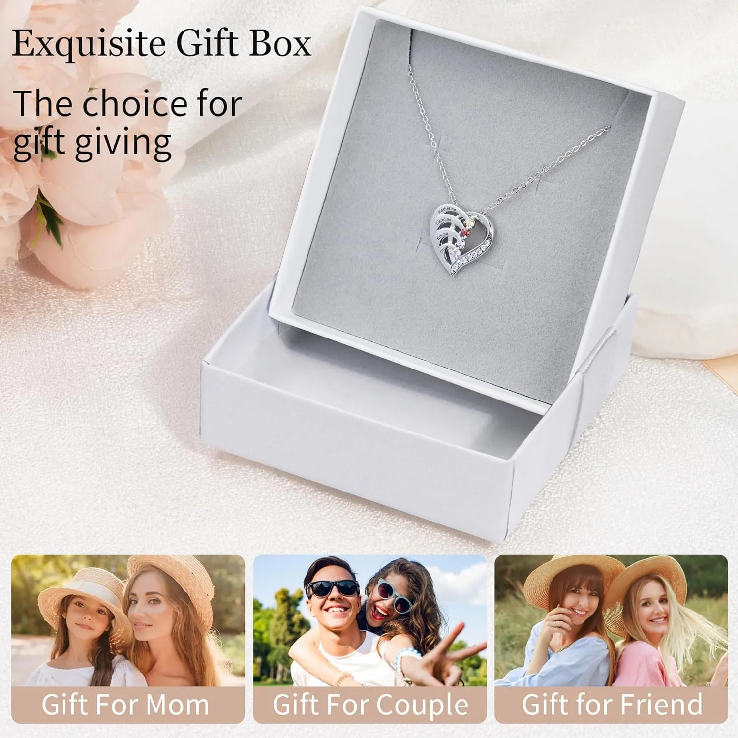 Easycosy Customized Name Necklace with Simulated Birthstones Custom Promise Necklace Heart Pendant with Engraved Names - Anniversary Birthday Mothers Day Jewelry Gifts for Women Wife Mom Grandma