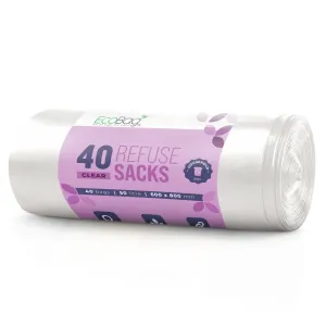 EcoBag - 40 Pack Refuse Sacks - 22 Microns - Heavy Duty, Leak Resistant Recyclable Bin Bags, Eco-Friendly, Durable Waste Disposal Bags for Household & Commercial Use ( 50L Capacity )