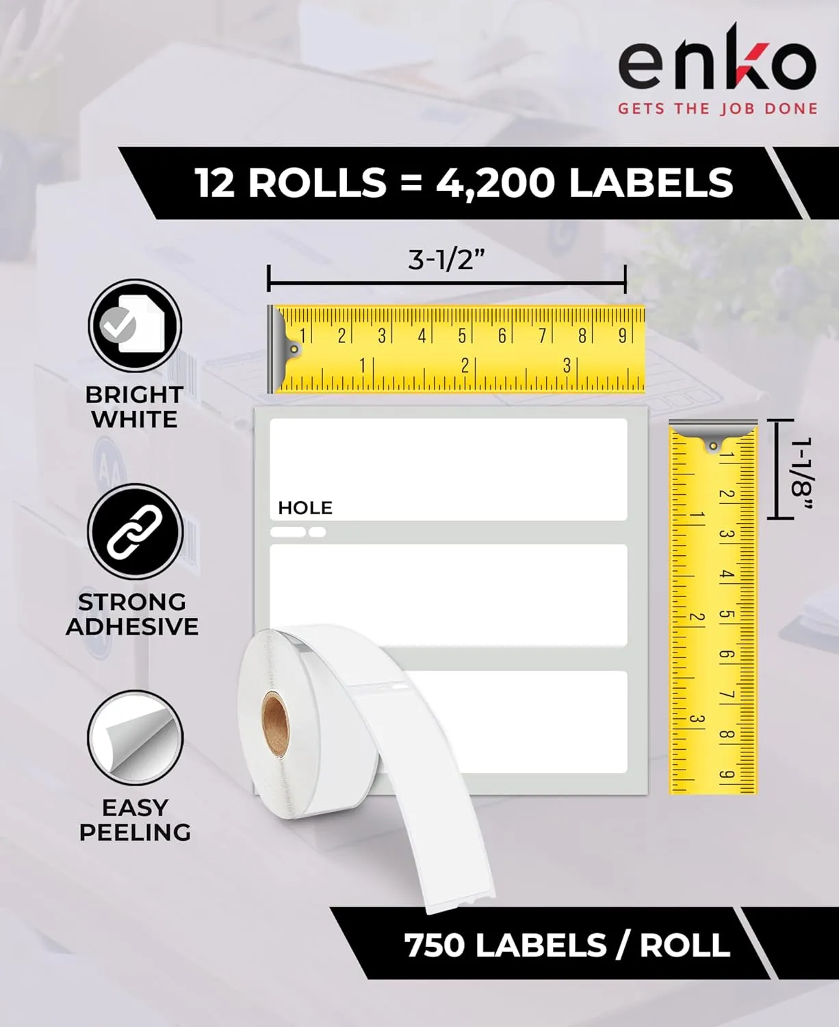 enKo Compatible for Dymo 30252 Labels (1-1/8" x 3-1/2") - Label for Dymo Labelwriter 450 Turbo Printer and 4XL - Blank White Direct Thermal Address, Shipping & Barcode Labels (12 Rolls | 4,200 Labels)