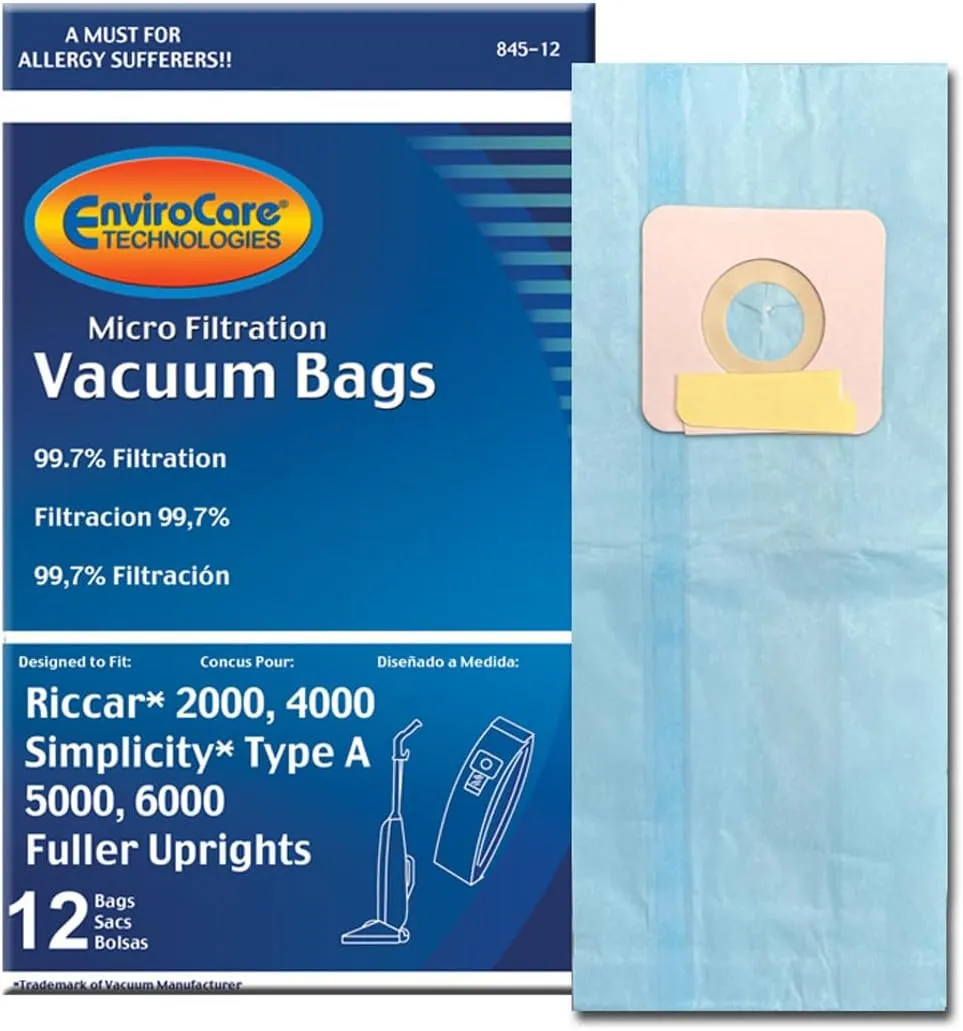 Envirocare Replacement Micro Filtration Vacuum Cleaner Bags made to fit Riccar 2000, 4000 and Vibrance Series. Simplicity 5000, 6000 and Symmetry Type A 12 pack
