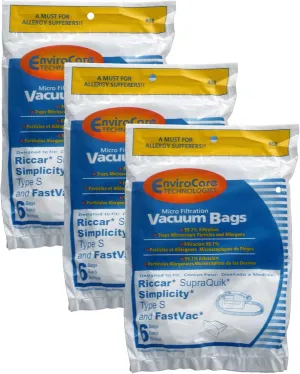 EnviroCare Replacement Micro Filtration Vacuum Cleaner Dust Bags for Riccar SupraQuik and Simplicity Type S and Fastvac 18 pack