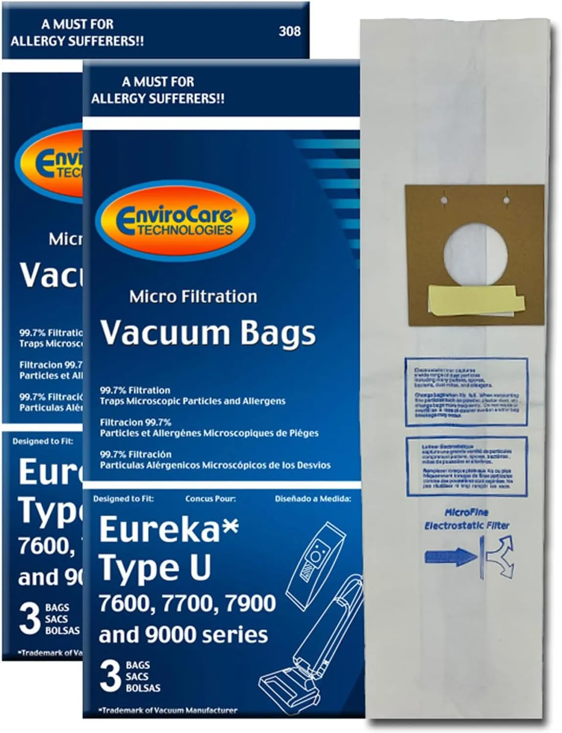 EnviroCare Replacement Micro Filtration Vacuum Cleaner Dust Bags made to fit Eureka Type U Bravo II, Direct Air, World Vac, White Westinghouse Upright Vacuums. 6 Pack