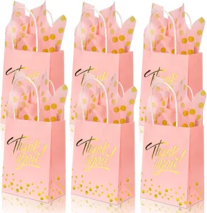EQOREIIN 25 Pack Gift Bags with Handles 8.3x6x3.1 Inches Thank You Gift Bags Party Favor Bags Kraft Paper Goodie Bags with Bow Ribbon for Mother's Day, Baby Shower, Graduation, Birthday(Pink)