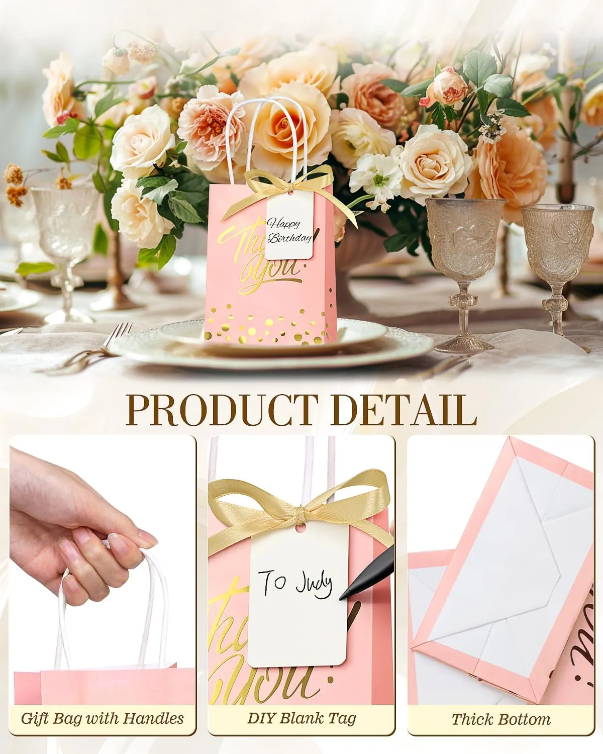 EQOREIIN 25 Pack Gift Bags with Handles 8.3x6x3.1 Inches Thank You Gift Bags Party Favor Bags Kraft Paper Goodie Bags with Bow Ribbon for Mother's Day, Baby Shower, Graduation, Birthday(Pink)