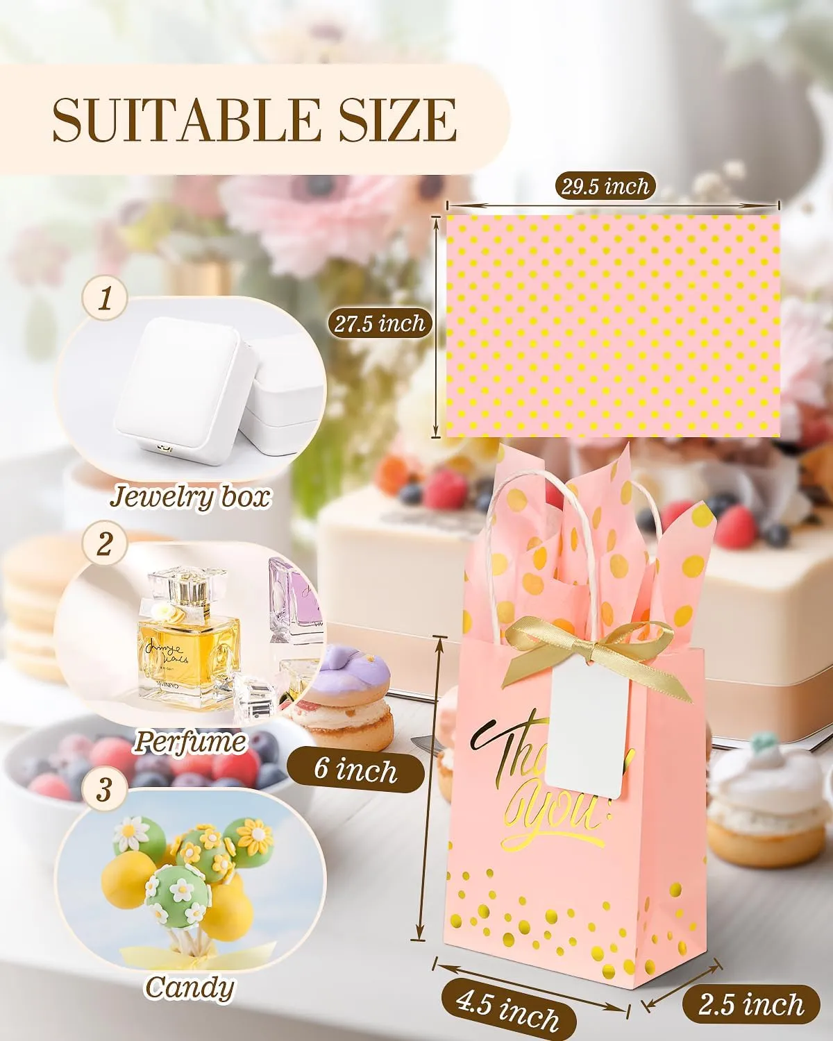 EQOREIIN 25 Pack Gift Bags with Handles 8.3x6x3.1 Inches Thank You Gift Bags Party Favor Bags Kraft Paper Goodie Bags with Bow Ribbon for Mother's Day, Baby Shower, Graduation, Birthday(Pink)