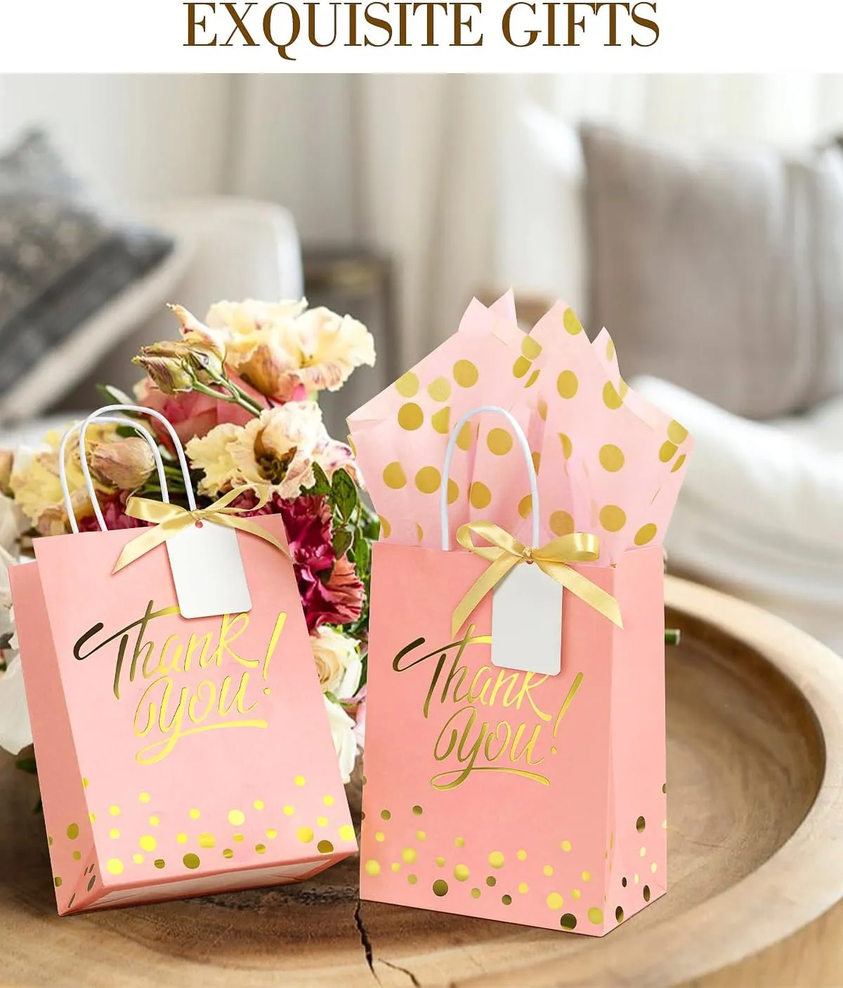 EQOREIIN 25 Pack Gift Bags with Handles 8.3x6x3.1 Inches Thank You Gift Bags Party Favor Bags Kraft Paper Goodie Bags with Bow Ribbon for Mother's Day, Baby Shower, Graduation, Birthday(Pink)