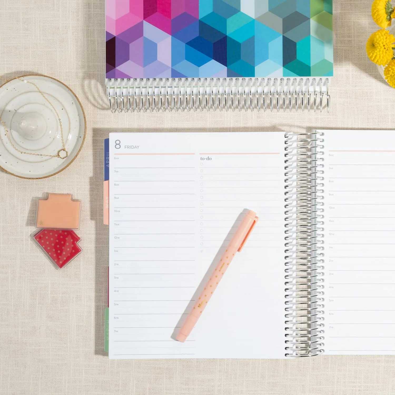 Erin Condren 12-Month Spiral Daily Life Planner Duo (Jul 2025 - Jun 2026), 7x9 Daily and Monthly Planner, Two 6-Month Books, Layers Colorful and Hexagon Covers, Hexagon Theme, Platinum Coil