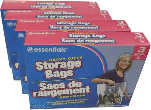 essentials(TM) Heavy Duty Clear Plastic Storage Bags w/Zip-Lock & Carry Handle, 3-Count Large (Pack of 4)
