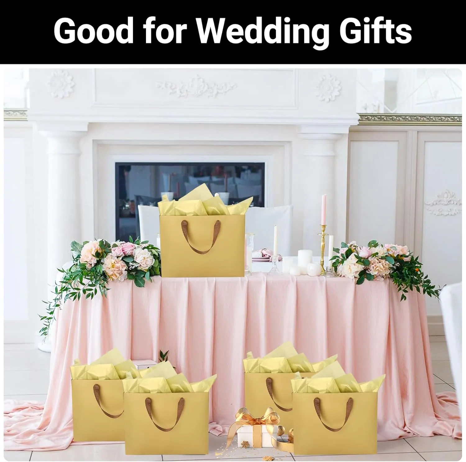 EUSOAR Gift Bags with Handles, 20pcs 10.6"x3.1"x8.3" Gold Paper Shopping Wrap Bags Bulk, Merchandise Retail Thank You Wrapping Paper Bags for Business, Party Favor, Wedding, Craft Grocery
