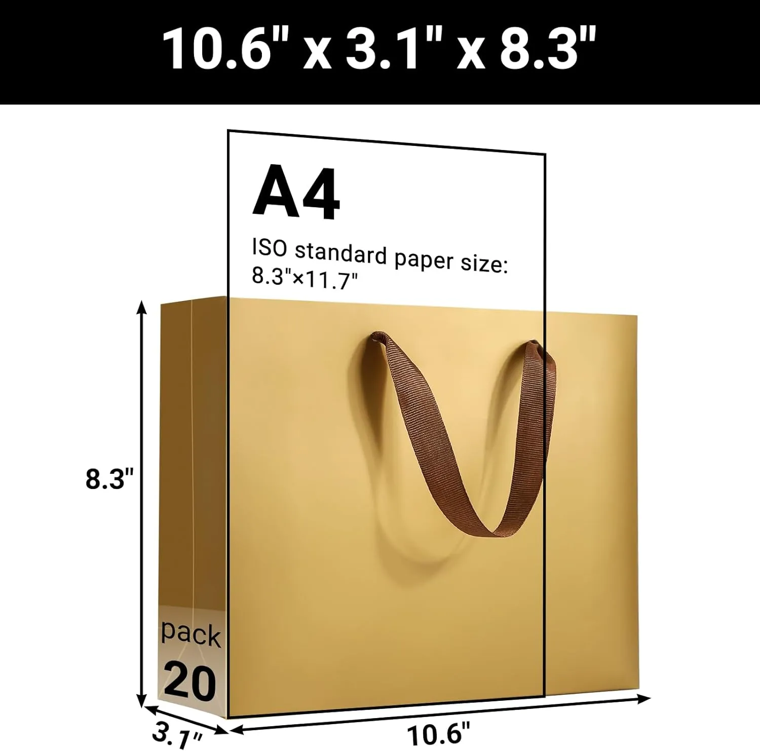 EUSOAR Gift Bags with Handles, 20pcs 10.6"x3.1"x8.3" Gold Paper Shopping Wrap Bags Bulk, Merchandise Retail Thank You Wrapping Paper Bags for Business, Party Favor, Wedding, Craft Grocery