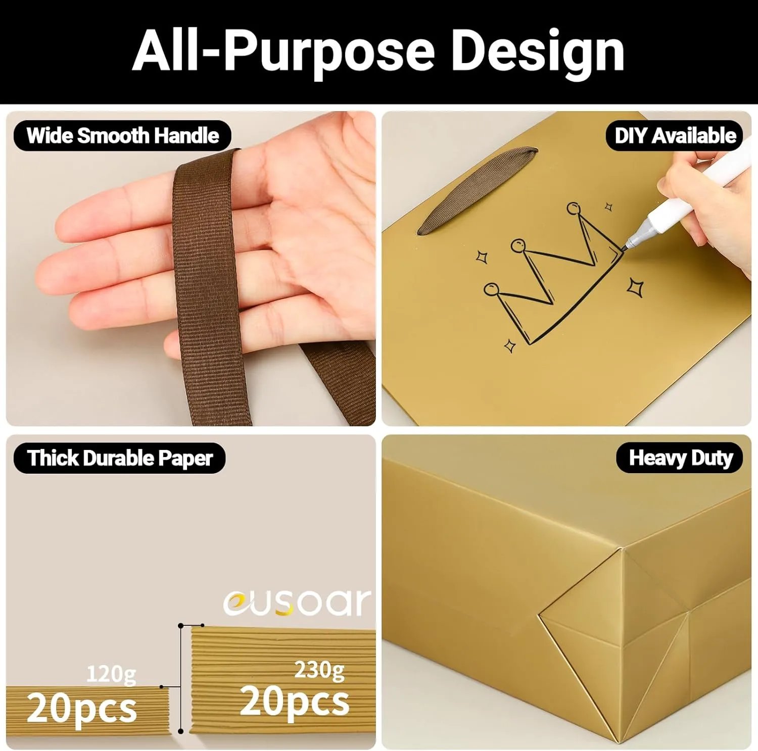 EUSOAR Gift Bags with Handles, 20pcs 10.6"x3.1"x8.3" Gold Paper Shopping Wrap Bags Bulk, Merchandise Retail Thank You Wrapping Paper Bags for Business, Party Favor, Wedding, Craft Grocery