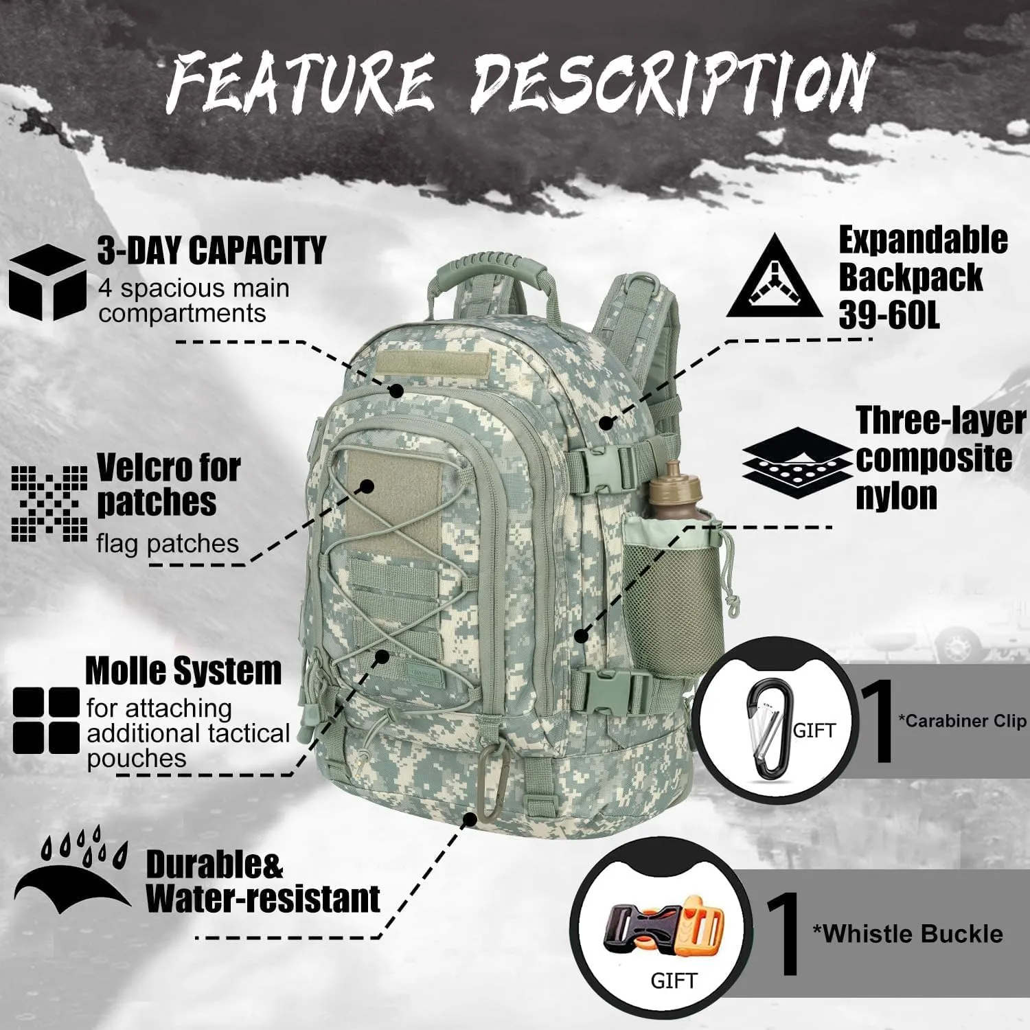 Expandable 40-64L Military Tactical Backpack 3 Day Bag Hiking Gym Sport Camping