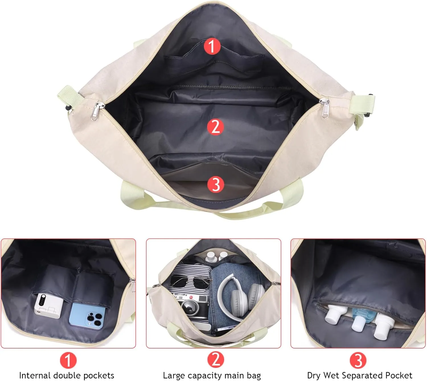 Expandable Duffle Bag for Travel, Weekender Overnight Carry On Bag for Women Men, Waterproof Large Capacity Travel Bag with Detachable Shoulder Strap and Wet Pocket(Beige)