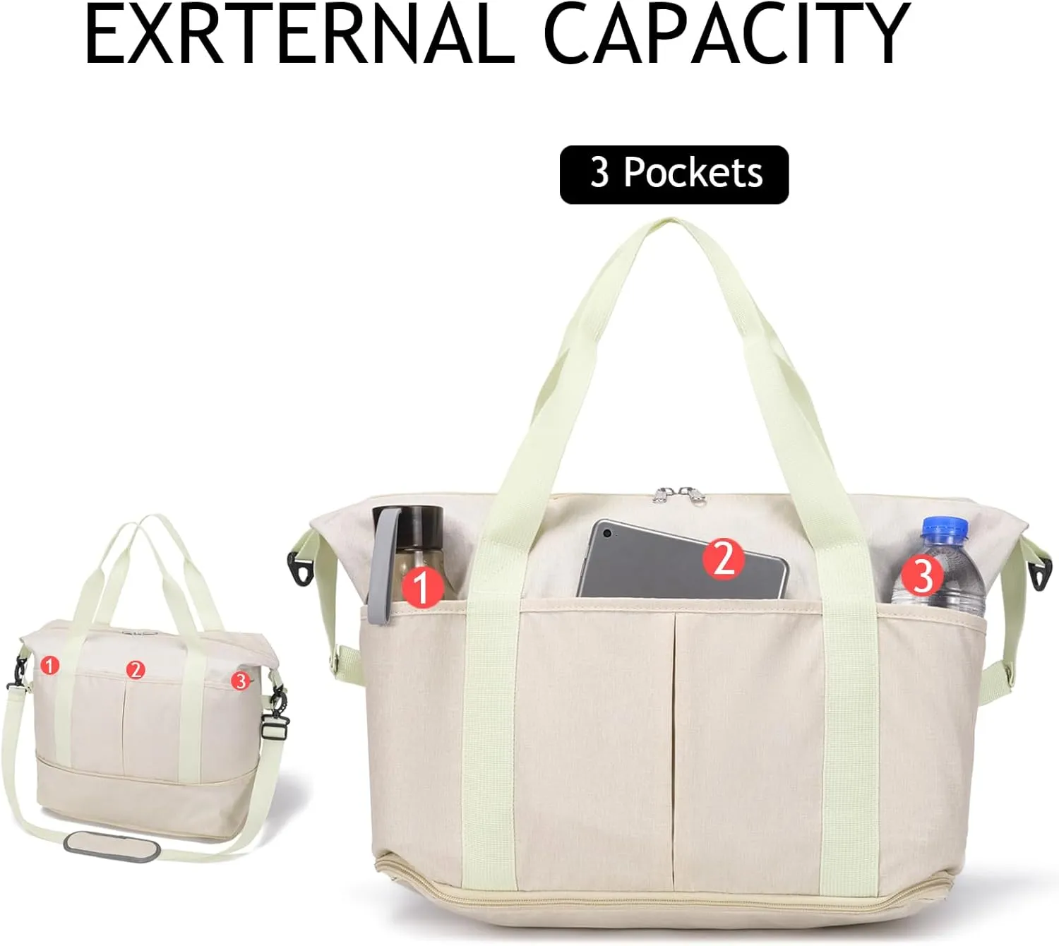 Expandable Duffle Bag for Travel, Weekender Overnight Carry On Bag for Women Men, Waterproof Large Capacity Travel Bag with Detachable Shoulder Strap and Wet Pocket(Beige)