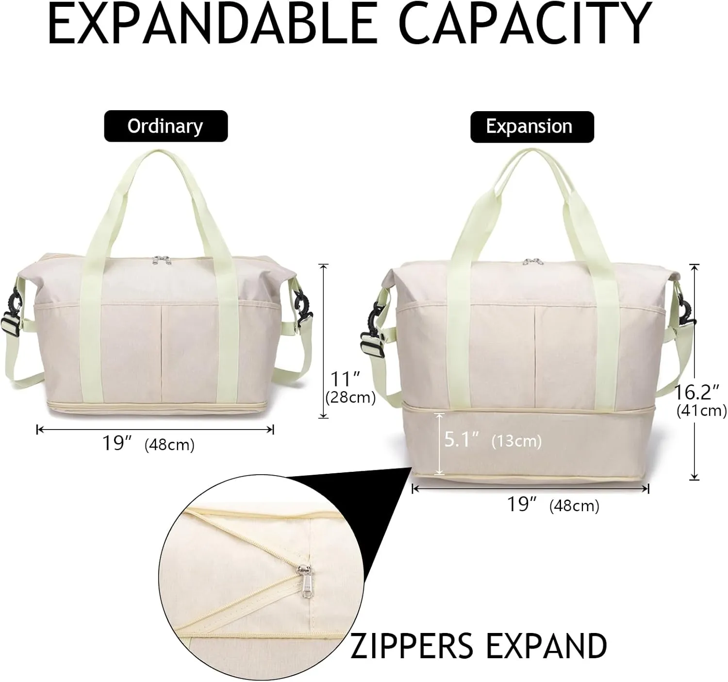 Expandable Duffle Bag for Travel, Weekender Overnight Carry On Bag for Women Men, Waterproof Large Capacity Travel Bag with Detachable Shoulder Strap and Wet Pocket(Beige)