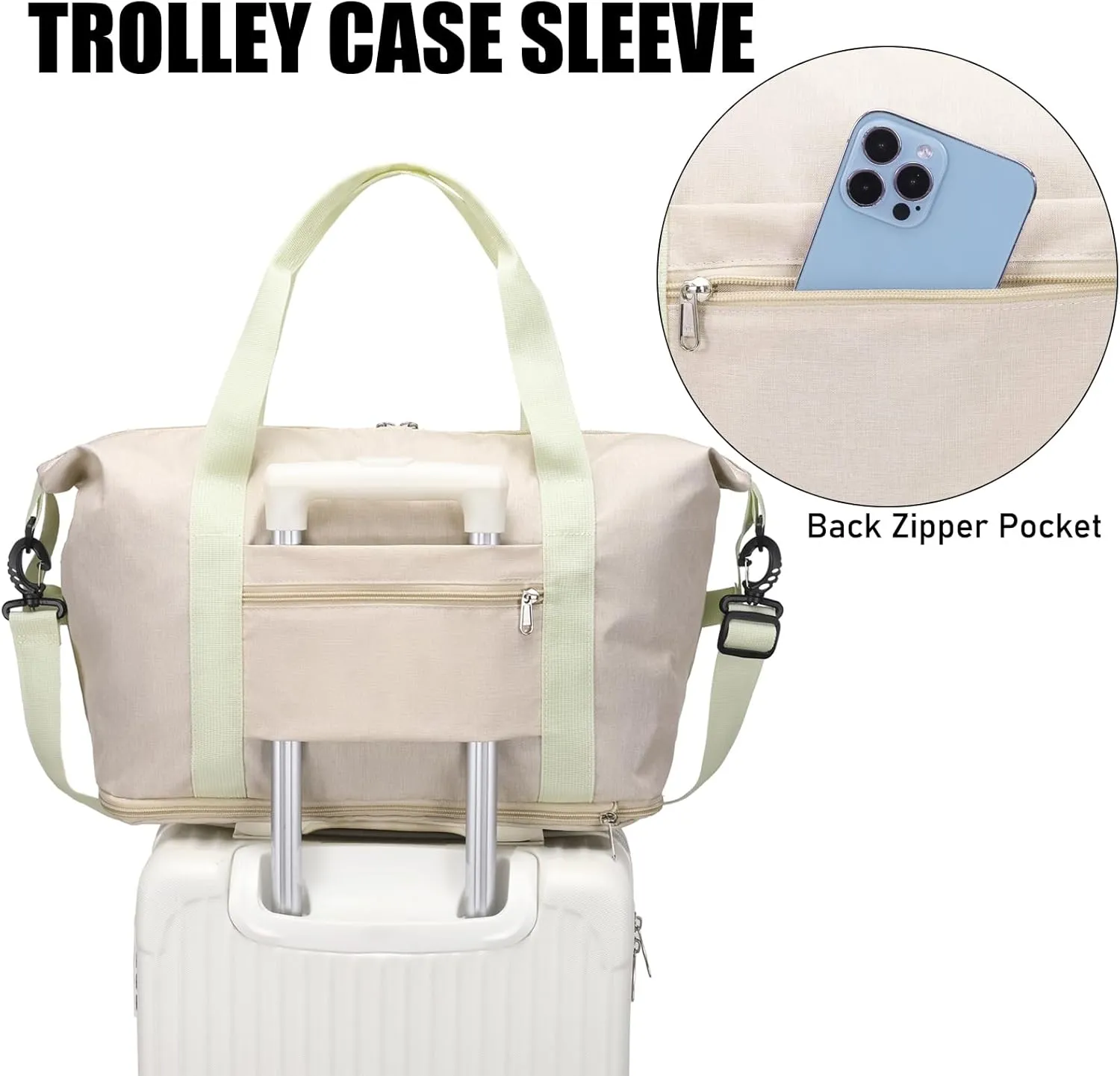 Expandable Duffle Bag for Travel, Weekender Overnight Carry On Bag for Women Men, Waterproof Large Capacity Travel Bag with Detachable Shoulder Strap and Wet Pocket(Beige)
