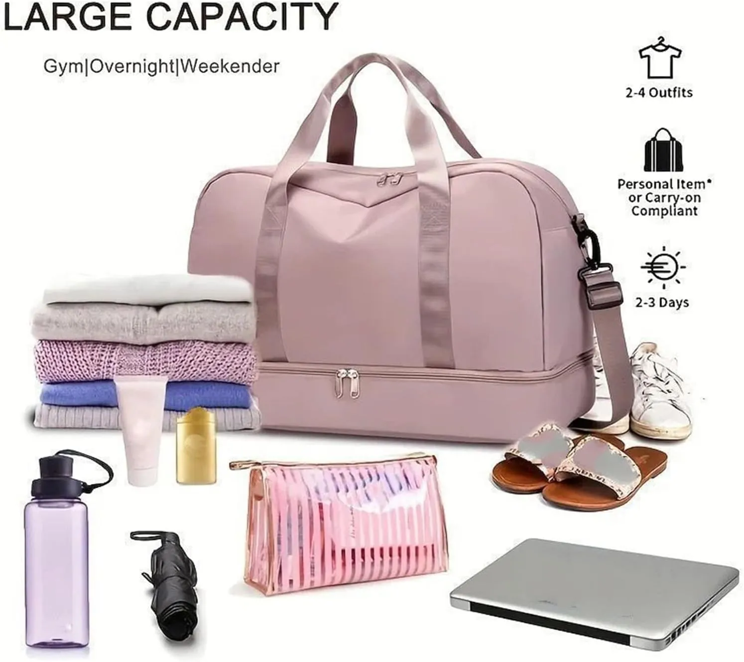 Expandable Travel Luggage Bag Sports Handbag Fitness Large Capacity Women's Shoulder Bag (Color : Black, Size : 46x32cm)