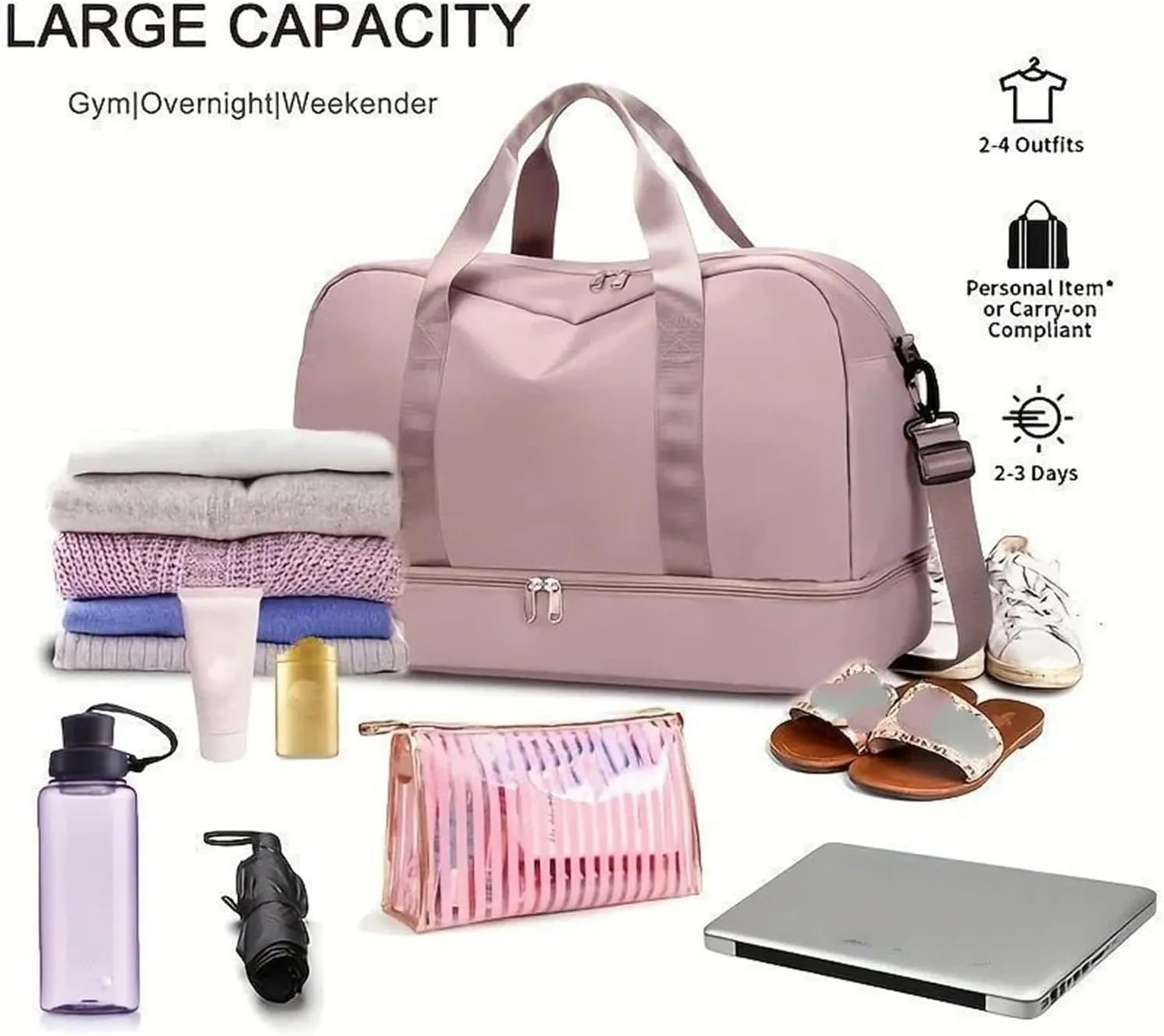 Expandable Travel Luggage Bag Sports Handbag Fitness Large Capacity Women's Shoulder Bag (Color : Dark Pink, Size : 46x32cm)