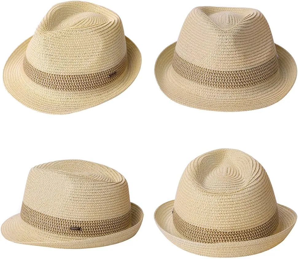 Fancet Packable Straw Fedora Panama Sun Summer Beach Hat Cuban Trilby Men Women 56-67cm