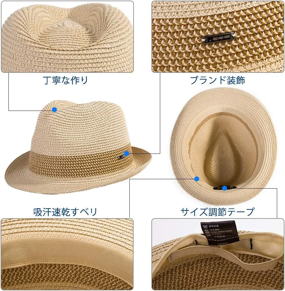 Fancet Packable Straw Fedora Panama Sun Summer Beach Hat Cuban Trilby Men Women 56-67cm