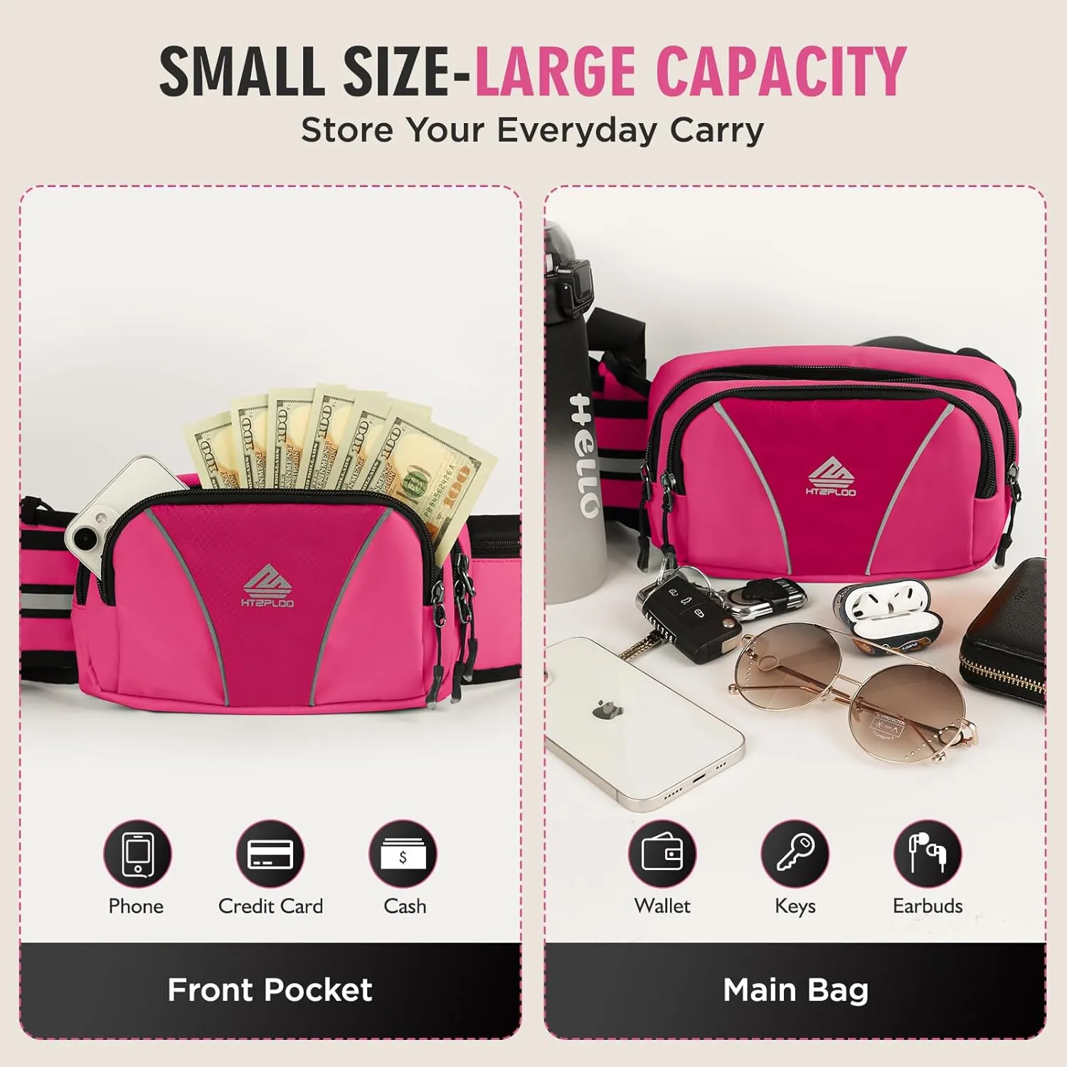 Fanny Pack Waist Bag with Water Bottle Holder for Hiking, Dog Walking, Travel, Cycling (Pink)