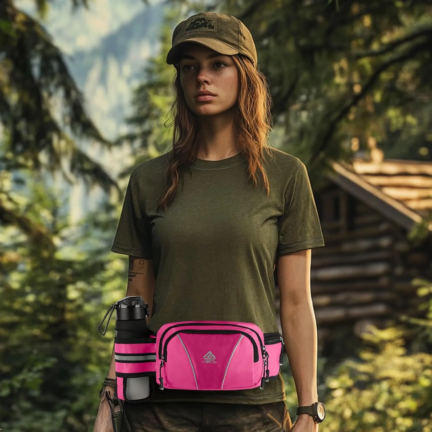 Fanny Pack Waist Bag with Water Bottle Holder for Hiking, Dog Walking, Travel, Cycling (Pink)