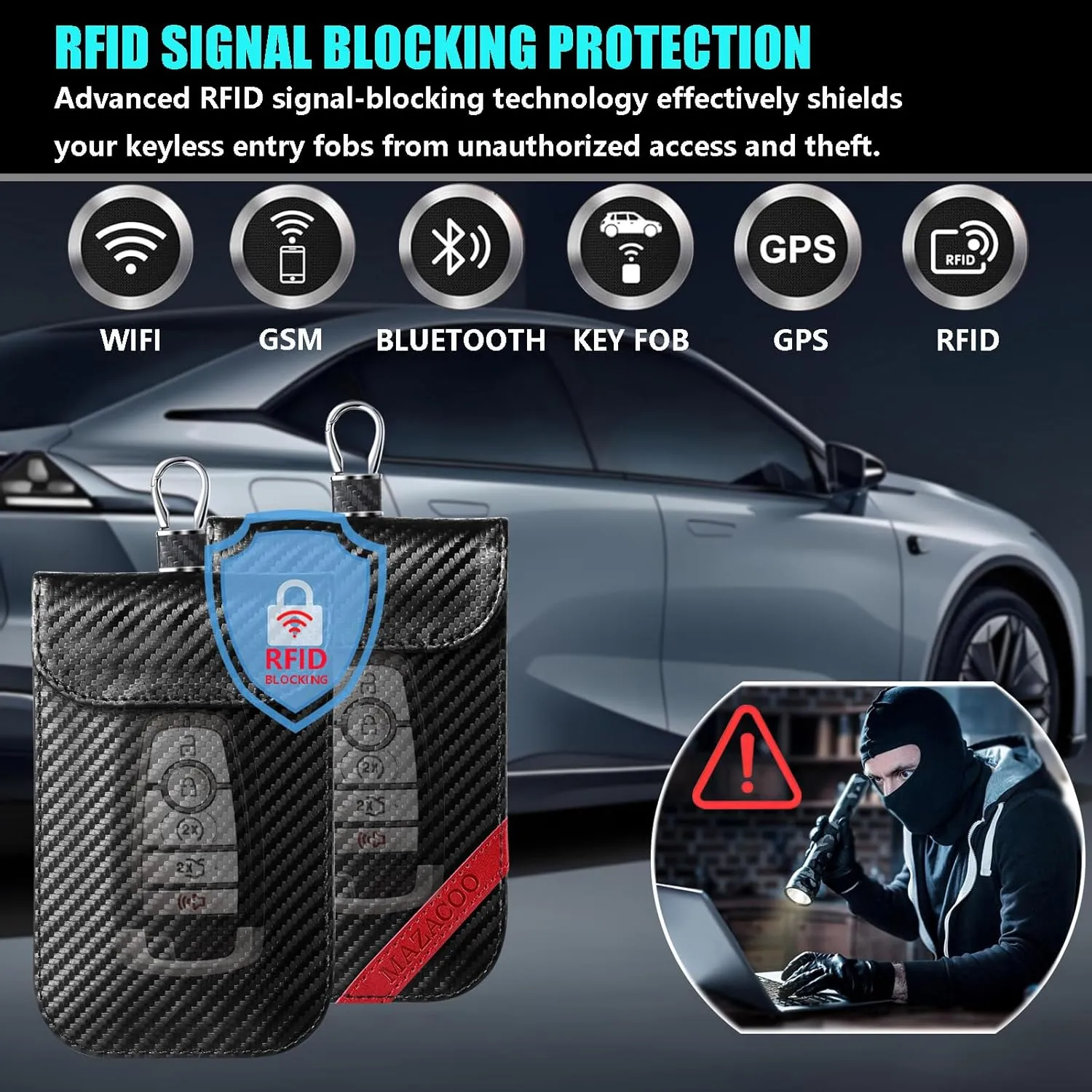 Faraday Bag for Key Fob with ID Window - 2 Pack RFID Signal Blocking Car Key Fob Protector Pouch, Keyless Entry Car Key Fob Shielding Cage (2 Pack Black)