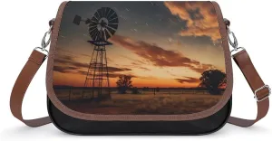 Farmhouse Sunset Windmill Ferris Wheel Night Landscape Milky Women's Crossbody Bags PU Leather Bag Handbags Mini Shoulder Bag Messenger Bag