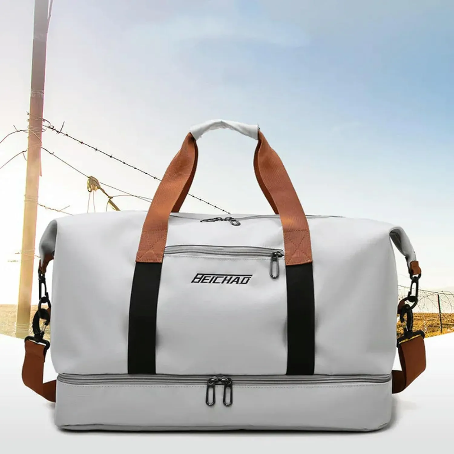 Fashion Travel Bags for Women Large Capacity Men's Sports Bag Waterproof Weekend Sac Voyage Female Messenger Bag Dry and Wet, Khaki 46x25x28cm