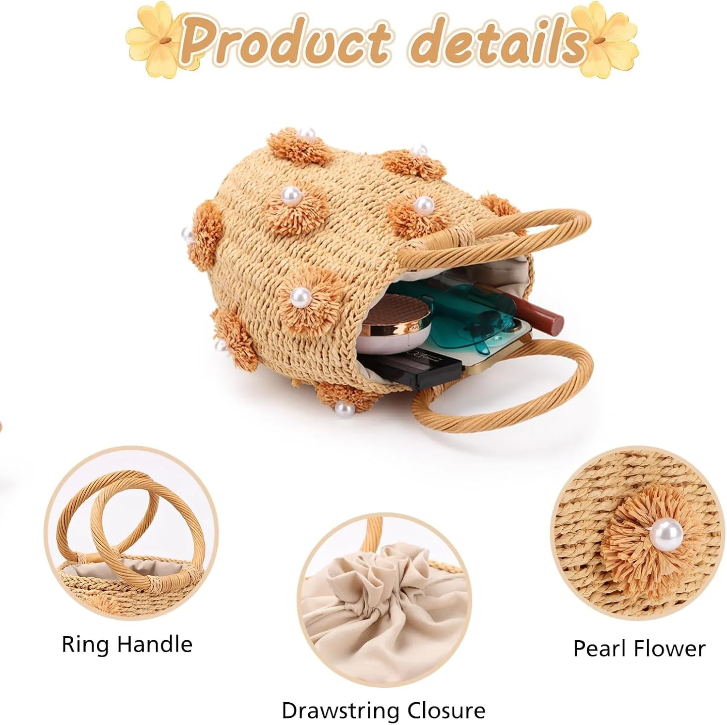 Fecialy Flower Pearls Rattan Tote Bag Straw Bags for Women Drawstring Straw Bucket Bag Summer Beach Woven Handbag