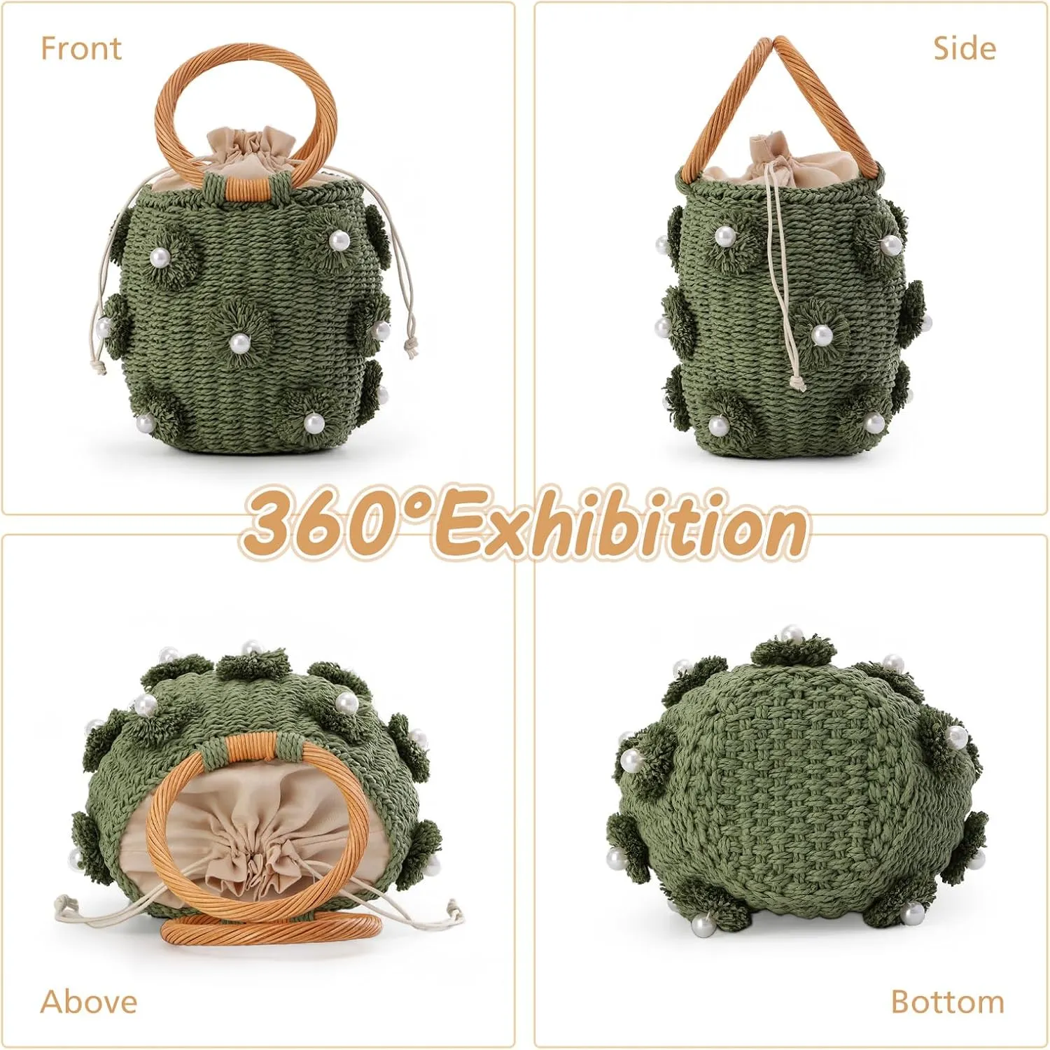 Fecialy Flower Pearls Rattan Tote Bag Straw Bags for Women Drawstring Straw Bucket Bag Summer Beach Woven Handbag