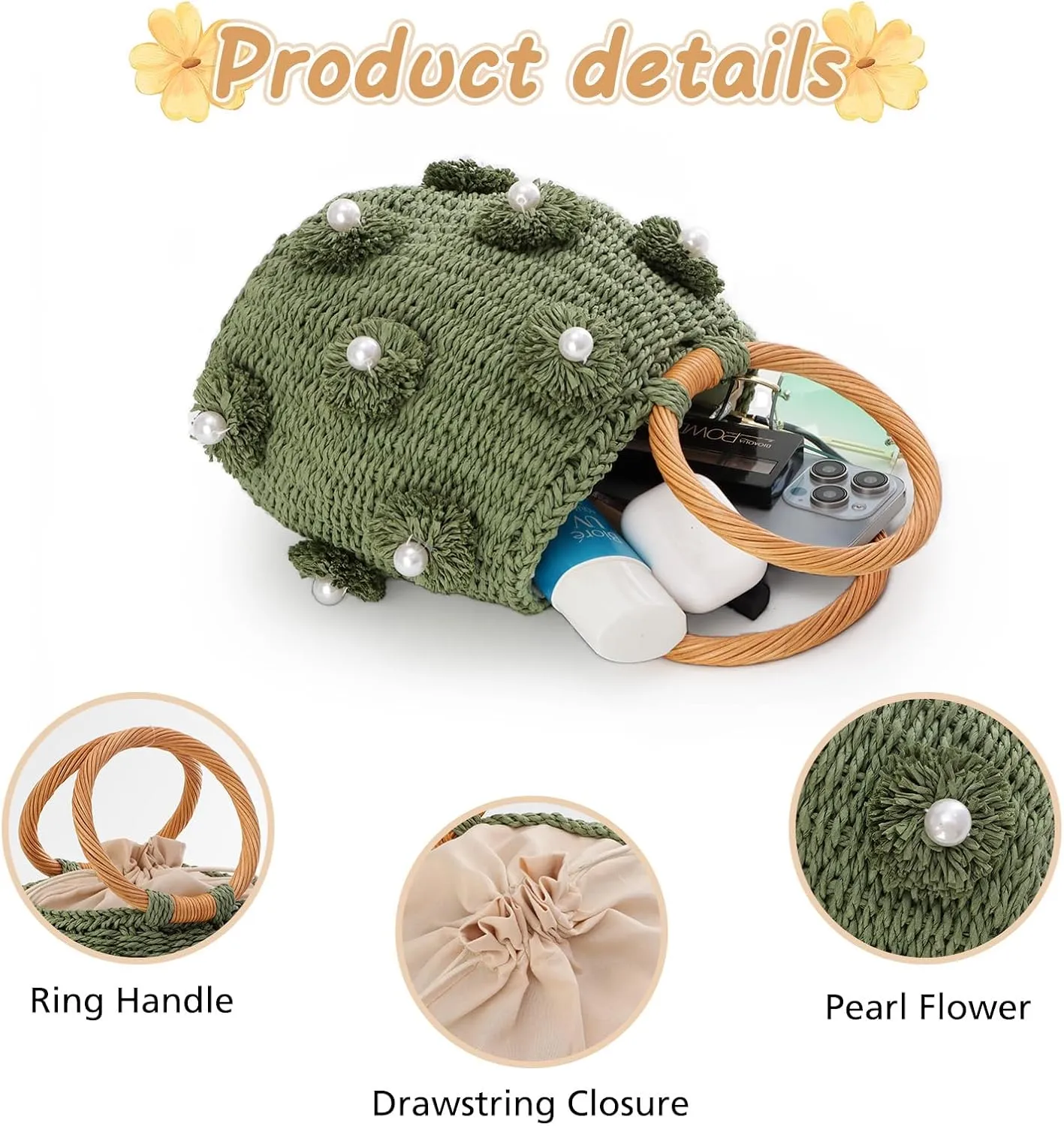 Fecialy Flower Pearls Rattan Tote Bag Straw Bags for Women Drawstring Straw Bucket Bag Summer Beach Woven Handbag