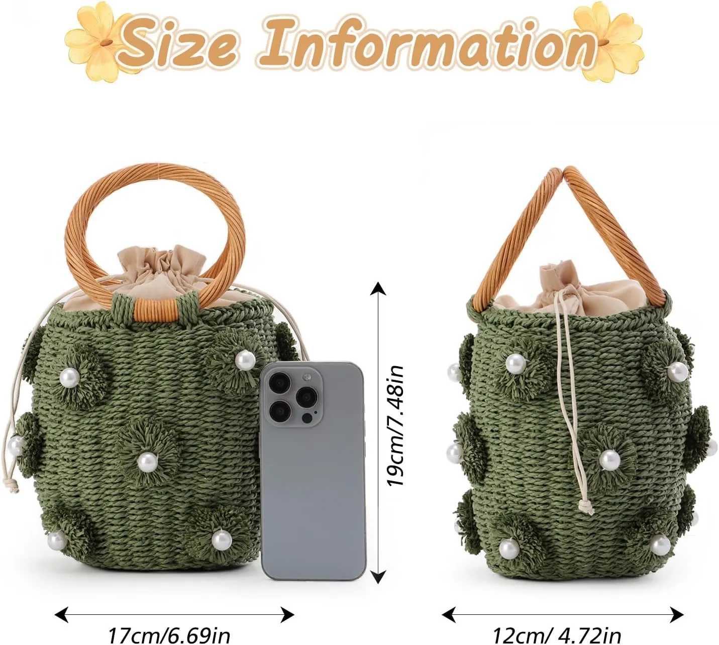 Fecialy Flower Pearls Rattan Tote Bag Straw Bags for Women Drawstring Straw Bucket Bag Summer Beach Woven Handbag